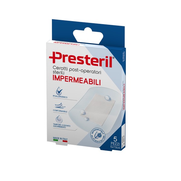 PRESTERIL Cerotti Post Operatori Impermeabili 5x7,5 Cm - 5 Pezzi