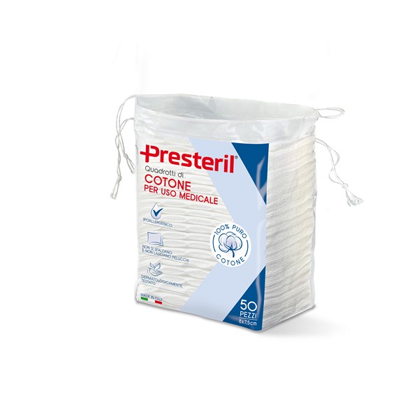 PRESTERIL Quadrotti Di Cotone Idrofilo 8x7,5cm - 50 Pezzi
