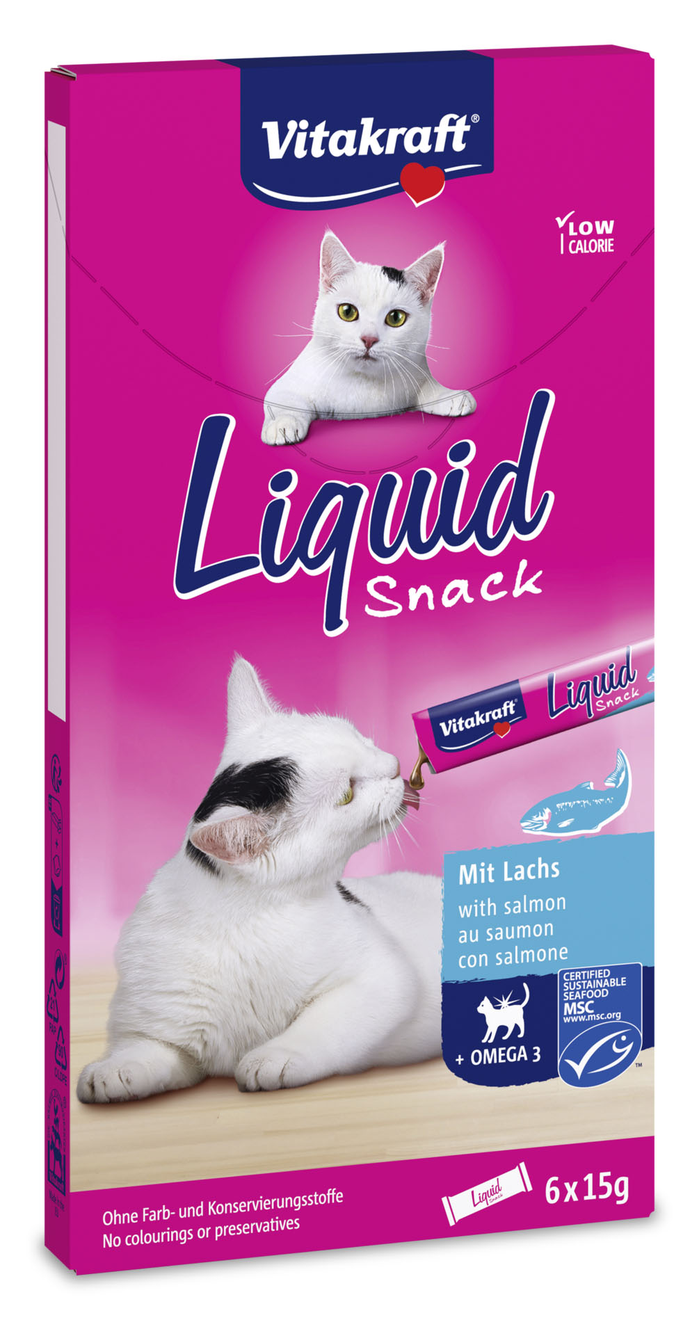 Vitakraft Cat Liquid Snack con Salmone + Omega 3 - Set %: 24 x 15 g - Immagine 4