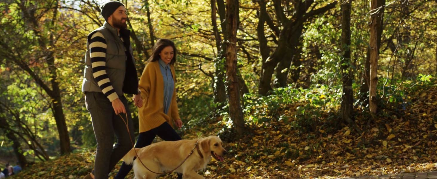 Foto ambientale coppia a spasso per i boschi con il proprio cane