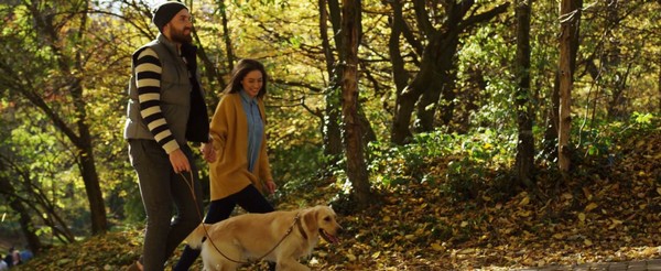 Foto ambientale coppia a spasso per i boschi con il proprio cane