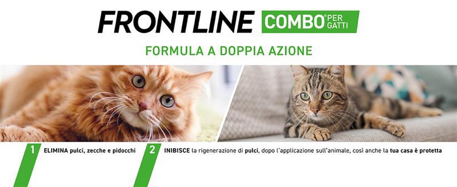 Inforgrafica che mostra le funzionalit&agrave; di Frontline Combo per gatti 