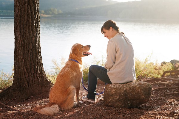 Foto di donna con il suo cane al parco.